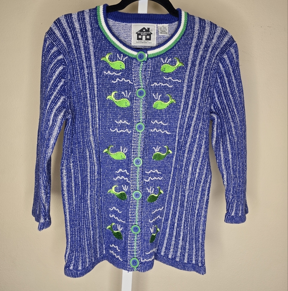Vintage Storybook Knits Whale Of A Day Women's XS Blue Green Knit Cardigan